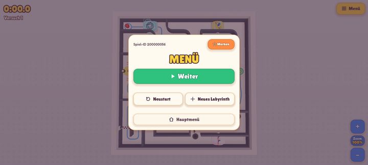 Spielmenü mit Spiel-ID, Neustart und neuem Labyrinth
