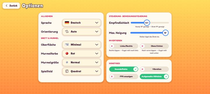 Optionen: Sprache, Brett, Murmel und Bewegungssteuerung