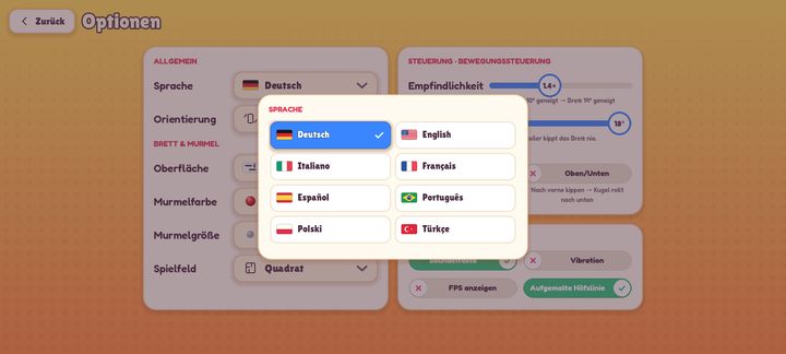 Sprachauswahl in den Optionen