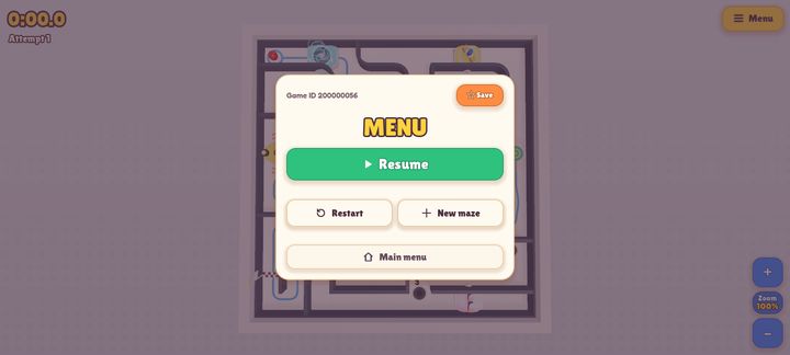 Game menu with game ID, restart and a new maze