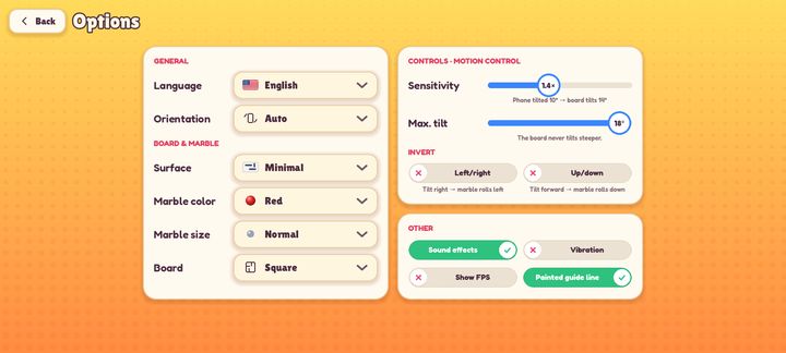 Options: language, board, marble and motion control